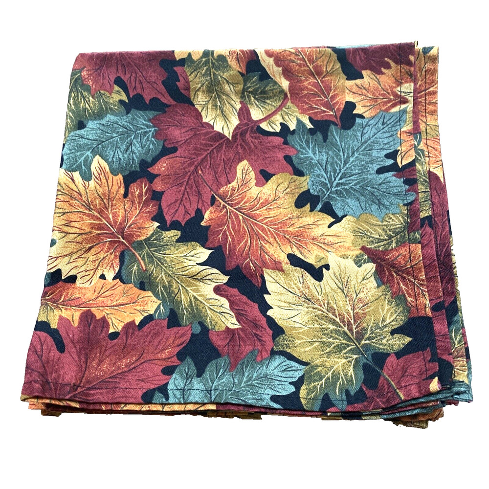 Vintage Cloth Napkins Set of 6 Autumn Leaves Design Cotton Square Red Green Gold